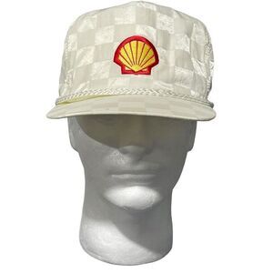 Vintage Shell Oil Checkered Rope 80’s Adjustable  White Trucker Hat Very Rare
